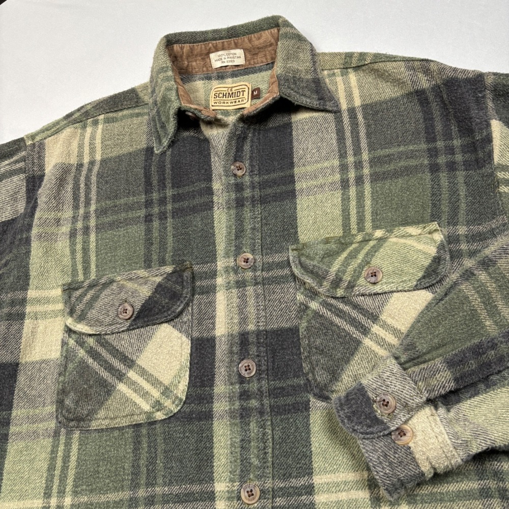 C.E. Schmidt Flannel Shirt Mens M Green Plaid Workwear Corduroy Collar Cotton‎